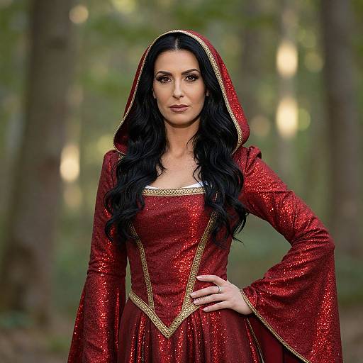 Woman in Shimmering Red Medieval Dress with Hood in Forest