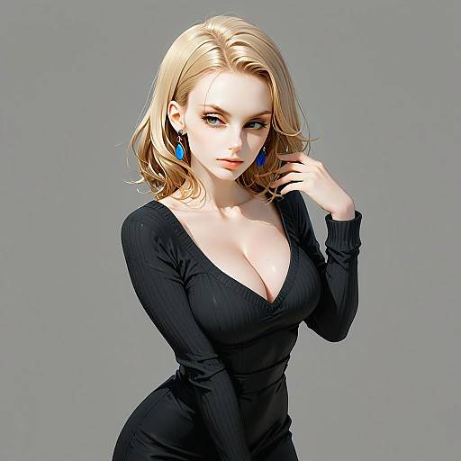 Elegant Blonde Woman in Black Dress Digital Illustration