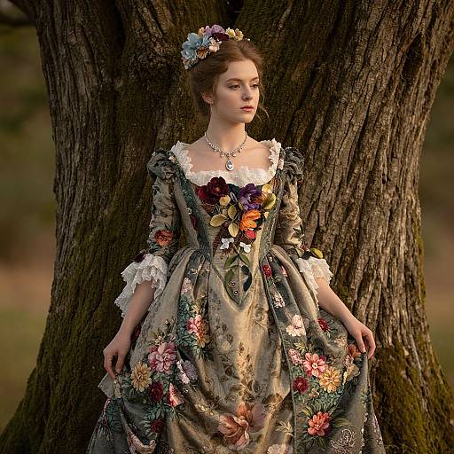 Young Woman in 18th Century Floral Embroidered Dress by a Tree