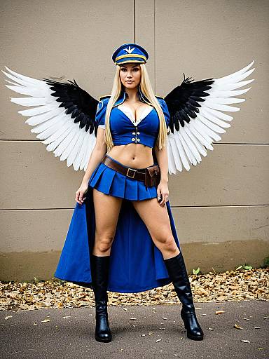 Woman in Blue Fantasy Police Uniform with Angel Wings Cosplay