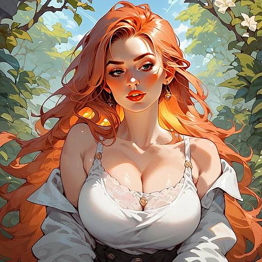 Digital Art of Red-Haired Woman in Lush Greenery with Painterly Style