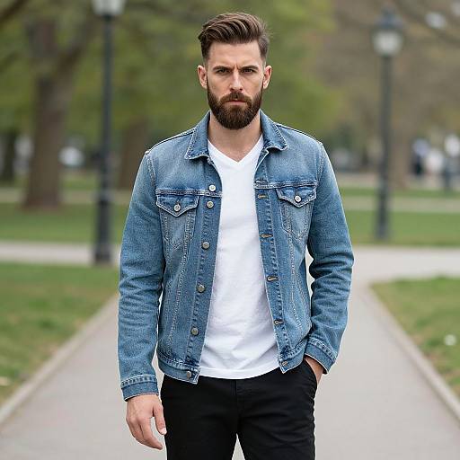 Man Wearing Denim Jacket and White T-Shirt Walking in Park