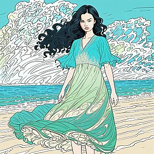 Stylized Woman on Beach with Ocean Waves