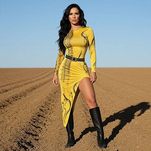 Woman in Yellow Asymmetrical Dress Posing in Plowed Field