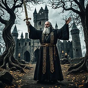 Elderly Wizard with Sword Before Ancient Castle