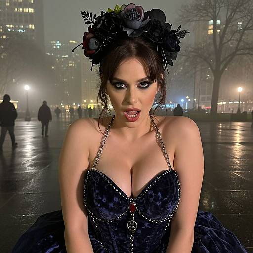 Gothic Woman in Velvet Corset Dress with Floral Headpiece at Night