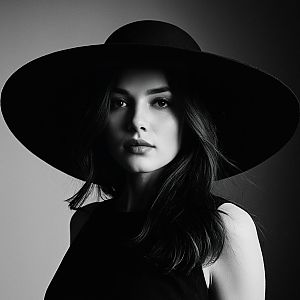 Elegant Black and White Portrait of a Woman in a Wide-Brimmed Hat