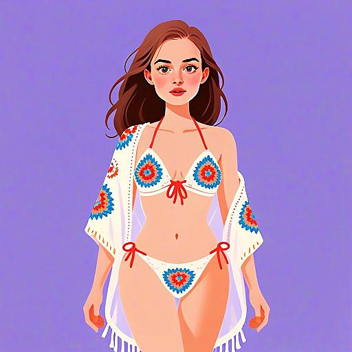 Woman Wearing Intricate Crochet Bikini Set with Colorful Patterns Illustration