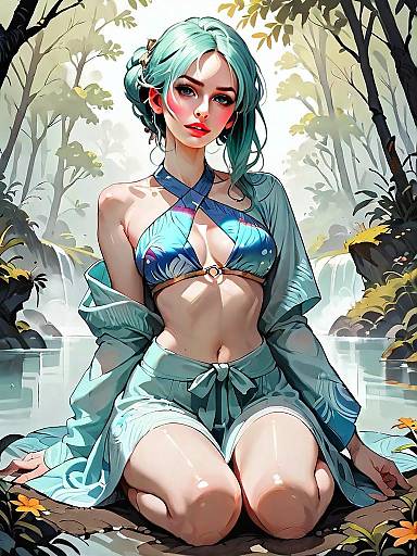 Digital Artwork of Woman in Blue Bikini by Forest Stream in Fantasy Medieval Style