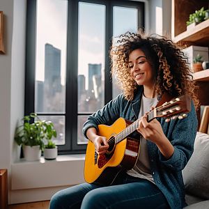 Young Woman Playing Acoustic Guitar in Cozy Living Room