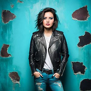 Confident Woman in Stylish Leather Jacket Against Turquoise Wall