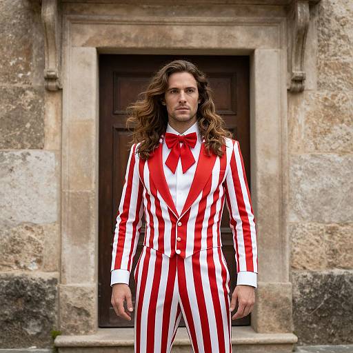 Man in Red and White Striped Vintage-Inspired Suit with Bow Tie