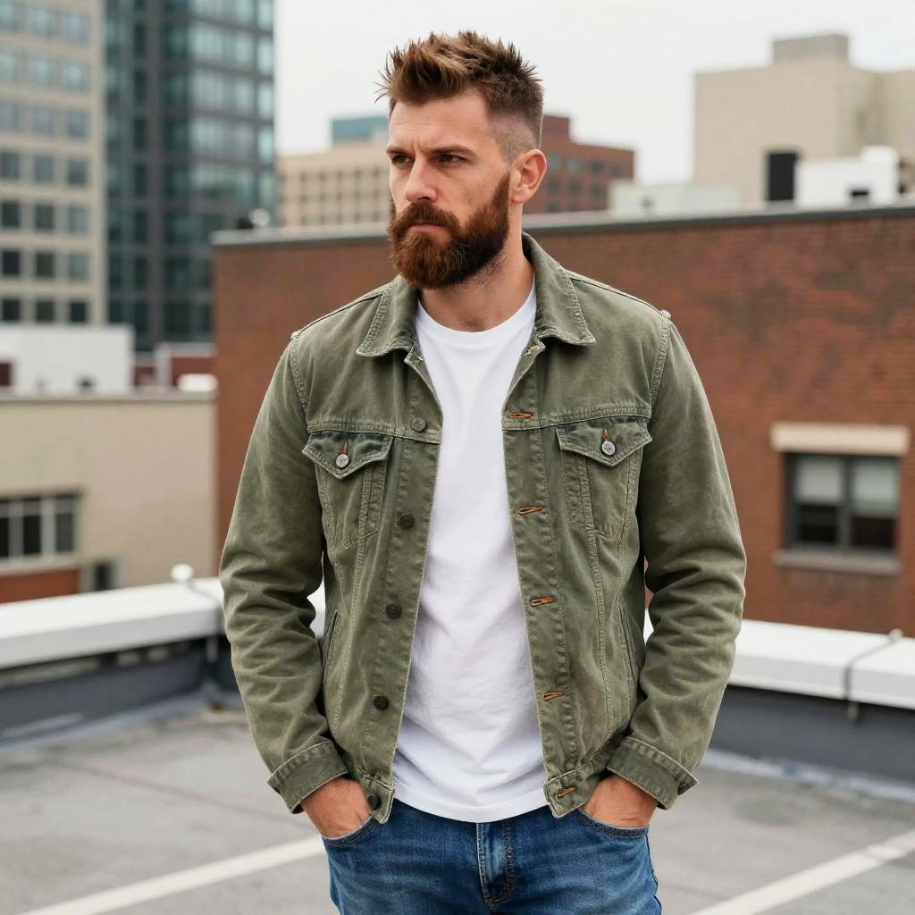 Casual Urban Style Bearded Man in Green Denim Jacket on Rooftop
