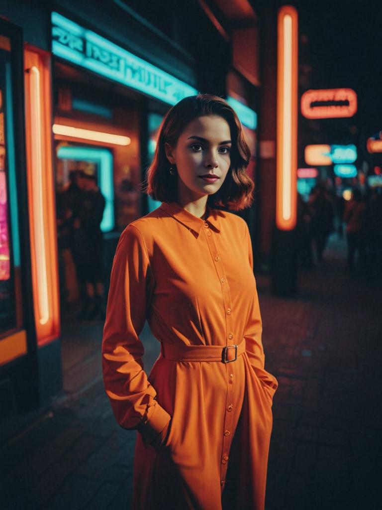 Woman in Neon-Lit Urban Nightscape