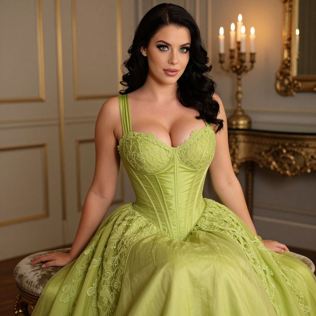 Elegant Woman in Lime Green Corset Gown in Vintage Setting