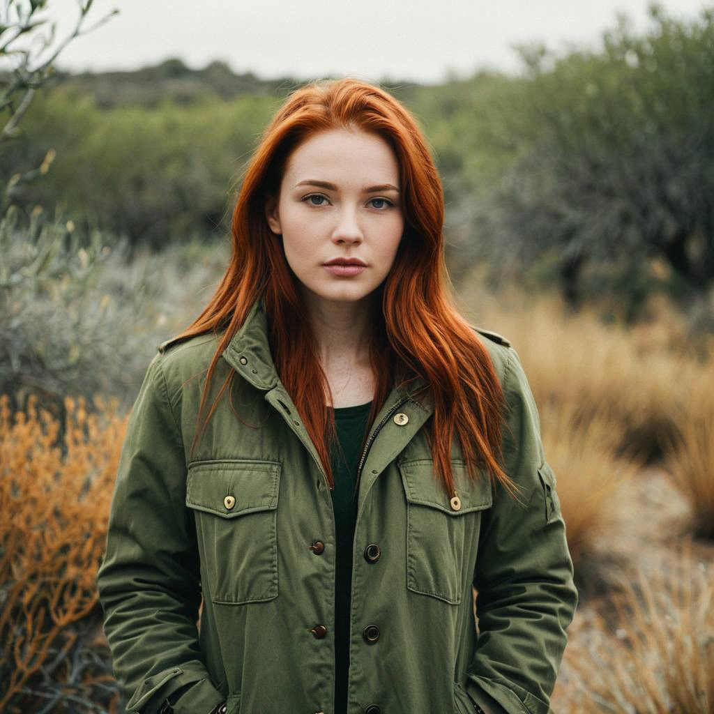 Young Woman with Red Hair in Olive Green Jacket Young Woman with Red Hair in Olive Green Jacket