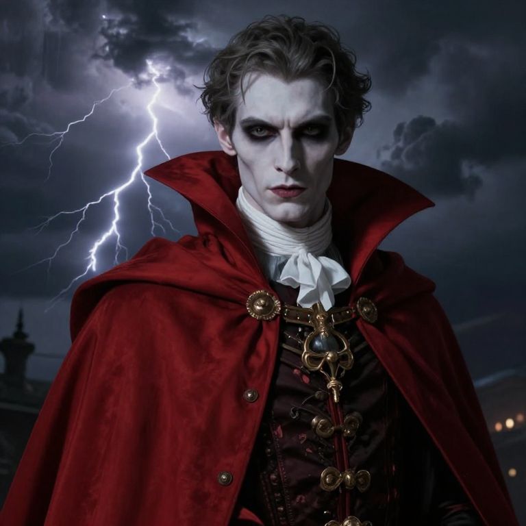 Vampire Man in Red Cape with Lightning Storm Background
