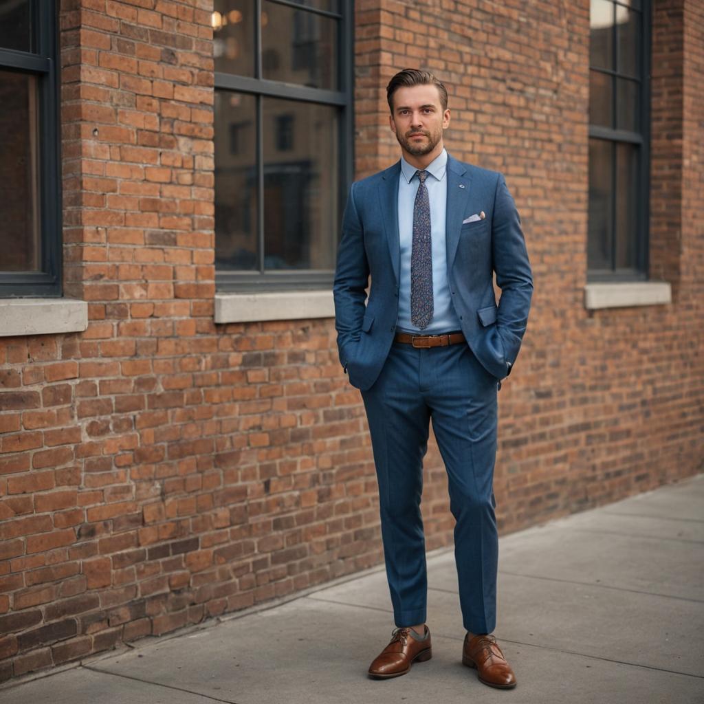 Man in Stylish Blue Suit Against Brick Building