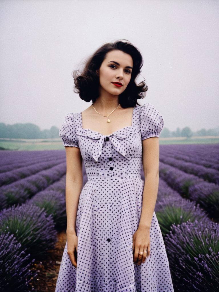 Vintage Style Woman in Polka Dot Dress Standing in Lavender Field