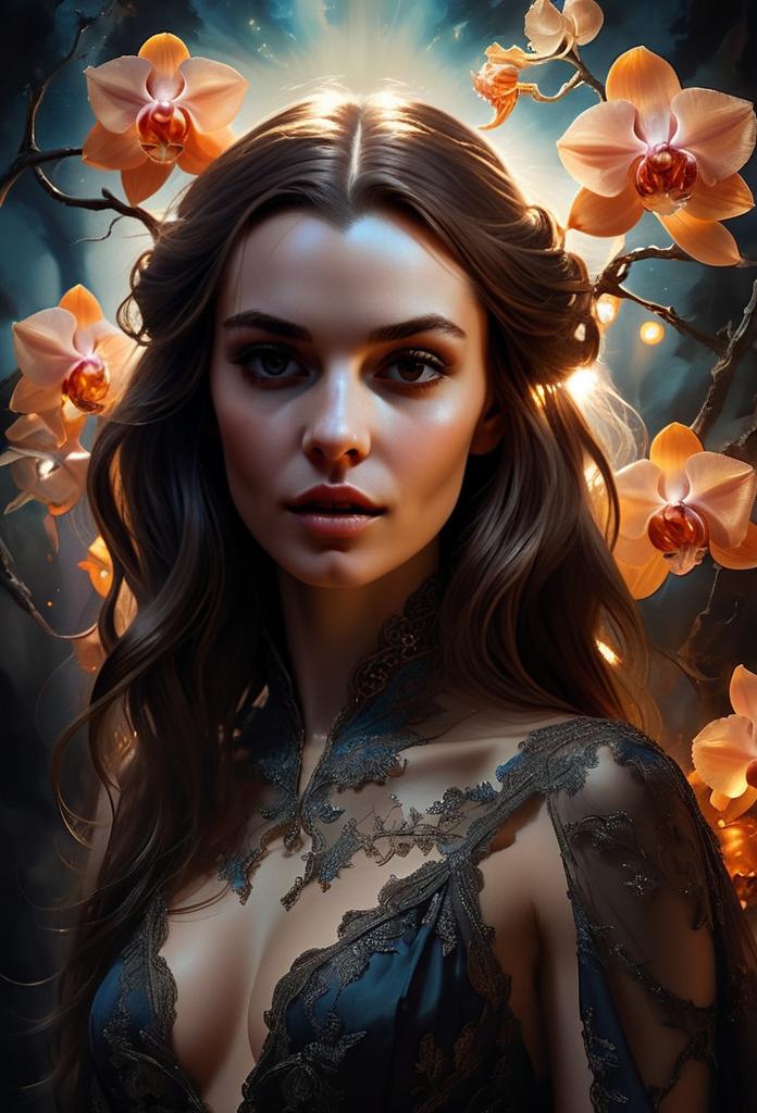 Elegant Woman Portrait with Orange Orchids and Fantasy Lighting