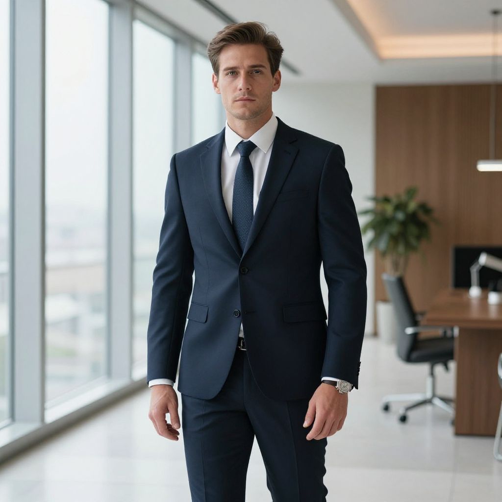 Confident Young Man in Navy Blue Business Suit in Modern Office