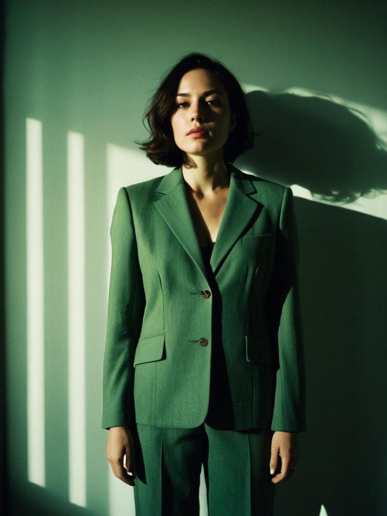 Dramatic Portrait of Woman in Sage Green Suit with Soft Shadows