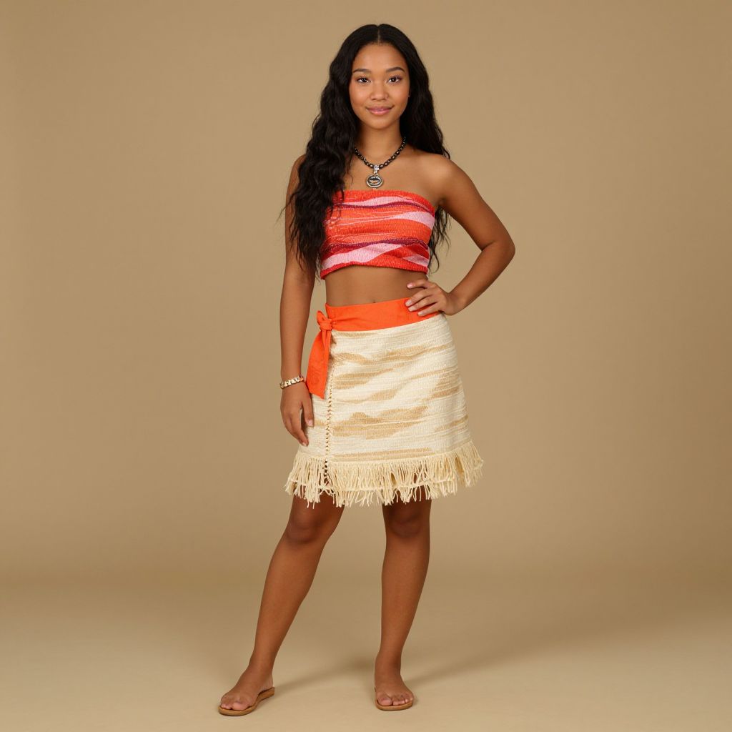 Young Woman in Vibrant Beach-Inspired Outfit with Towel Wrap Top and Fringe Skirt