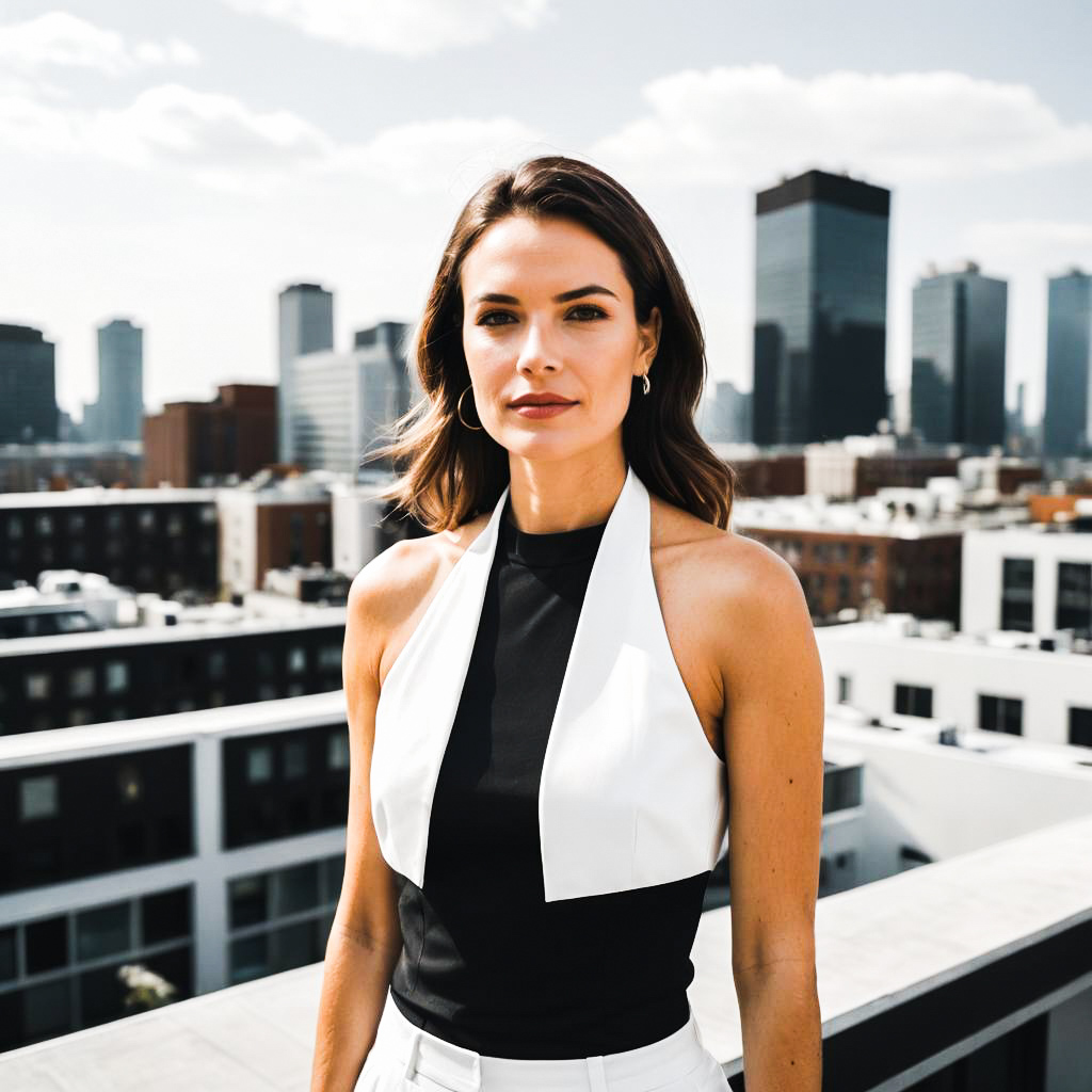 Confident Woman on Rooftop with City Skyline