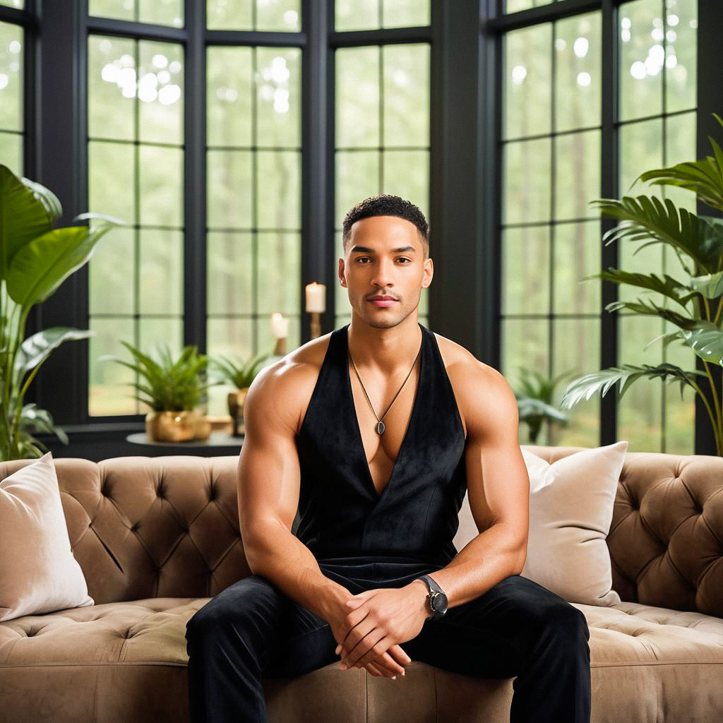 Confident Young Man on Beige Sofa in Bright Room