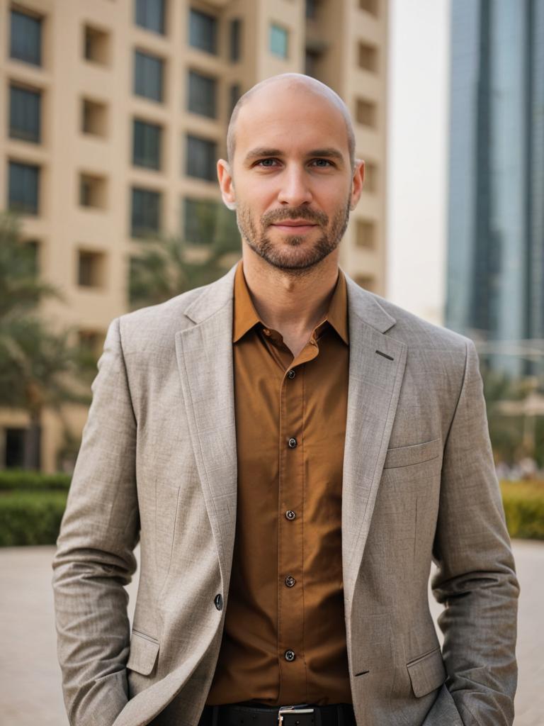 Confident Man in Stylish Brown Shirt and Grey Blazer Outdoors