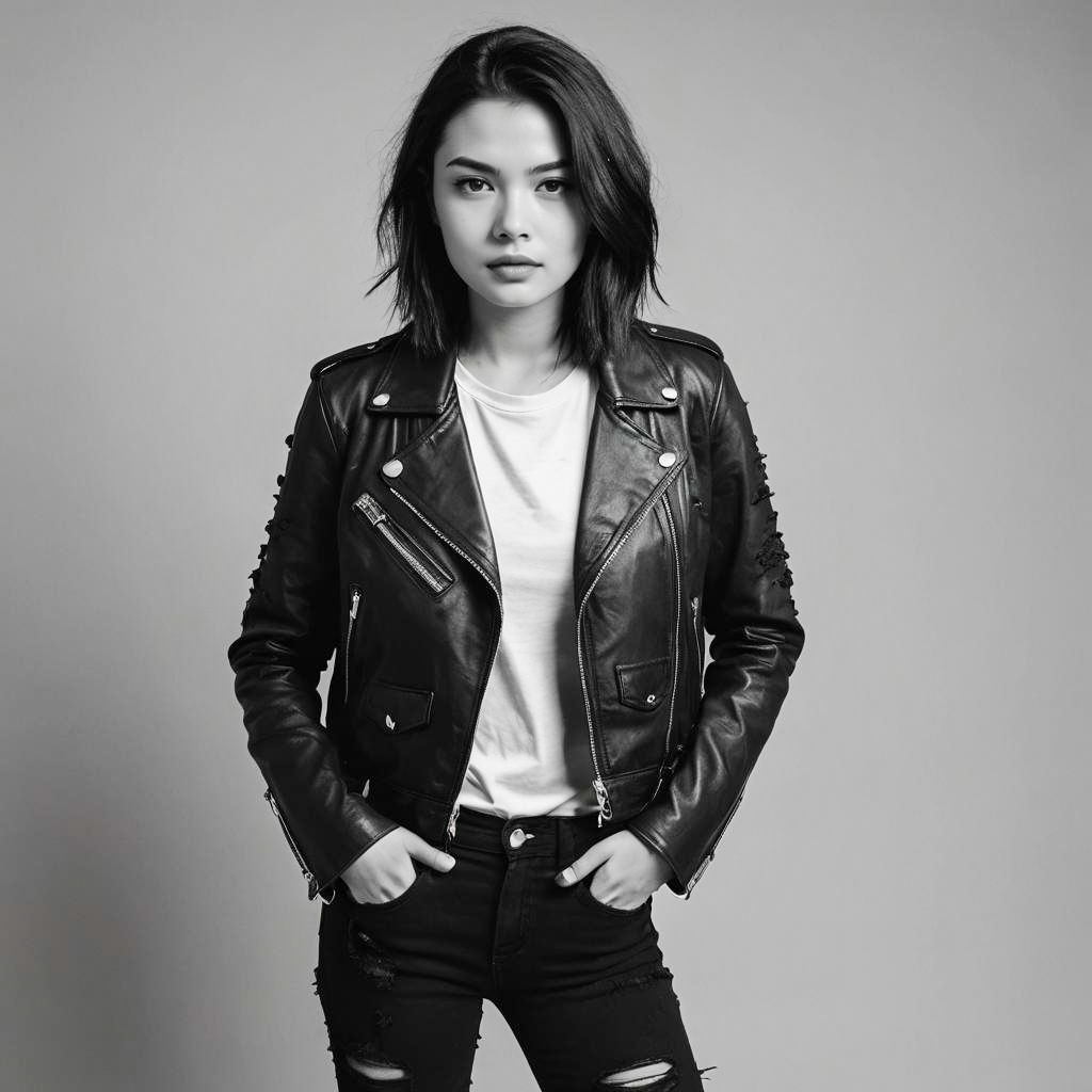 Confident Woman in Leather Jacket - Urban Chic Fashion