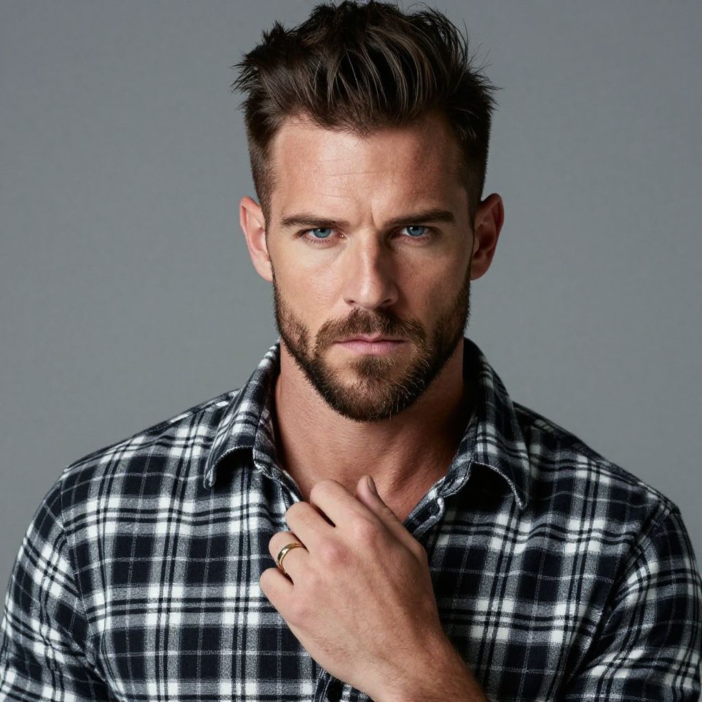 Serious Man in Black and White Plaid Shirt Portrait