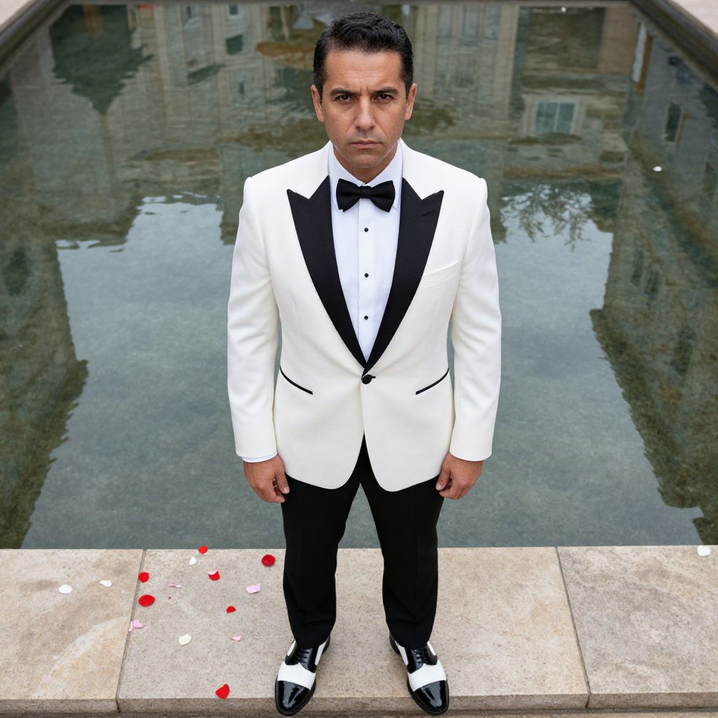 Man in White Tuxedo with Black Accents by Reflective Pool