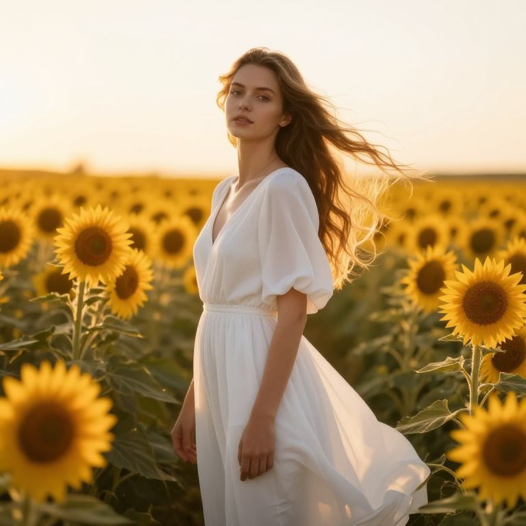 Young Woman in White Dress in Sunflower Field at Golden Hour