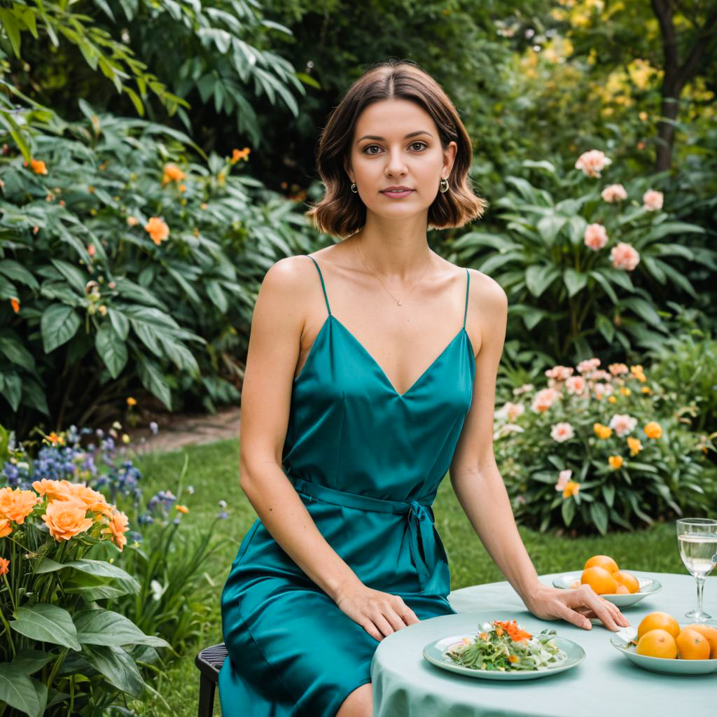 Woman in Teal Dress in Garden