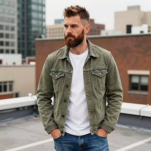 Casual Urban Style Bearded Man in Green Denim Jacket on Rooftop