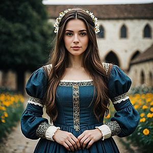 Elegant Medieval Dress Woman with Long Brown Hair and Flower Crown