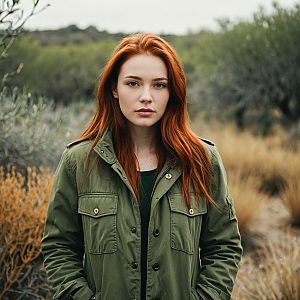 Young Woman with Red Hair in Olive Green Jacket