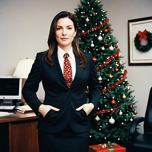 Woman in Business Suit Wearing Festive Tie Standing in Office with Christmas Decorations