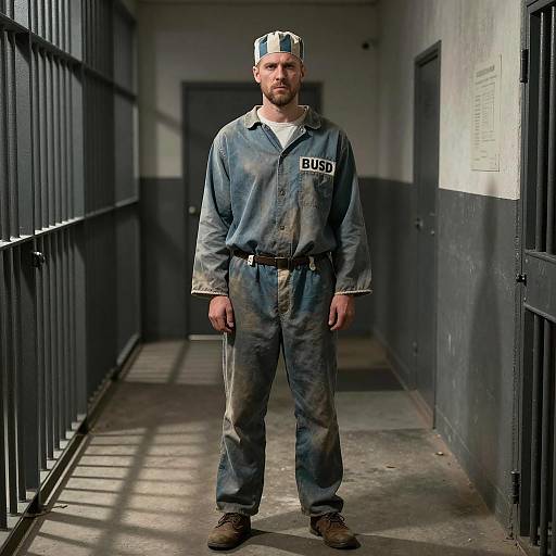 Man Wearing Worn Prison Uniform Standing in Dim Prison Corridor