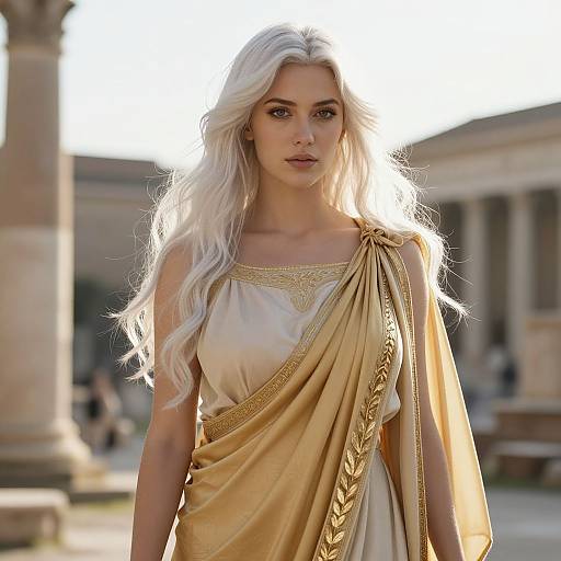 Woman in Ancient Greek Style Gold-Trimmed Dress with Platinum Blonde Hair