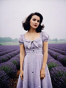 Vintage Style Woman in Polka Dot Dress Standing in Lavender Field