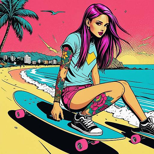 Colorful Skateboarding Woman with Tattoos in Retro Beach Illustration