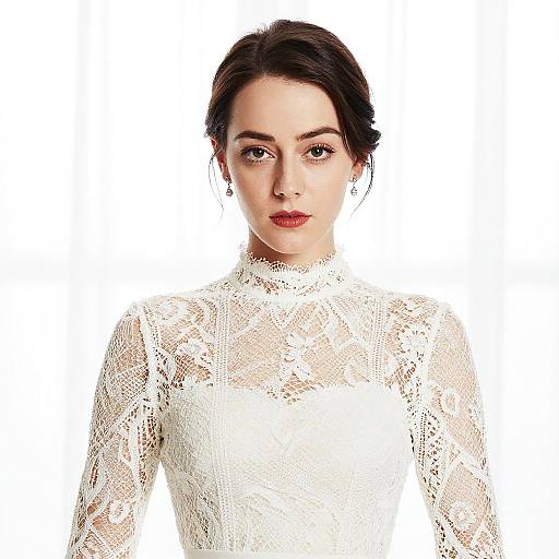 Elegant Woman in White Lace Dress with High Neck – Bridal Fashion Portrait