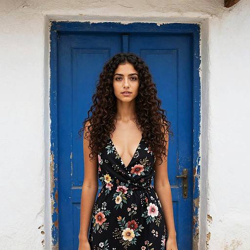 Young Woman in Floral Dress Standing by Blue Door