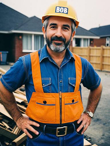 Man in Bob the Builder Costume Wearing Hard Hat and Orange Vest at Construction Site