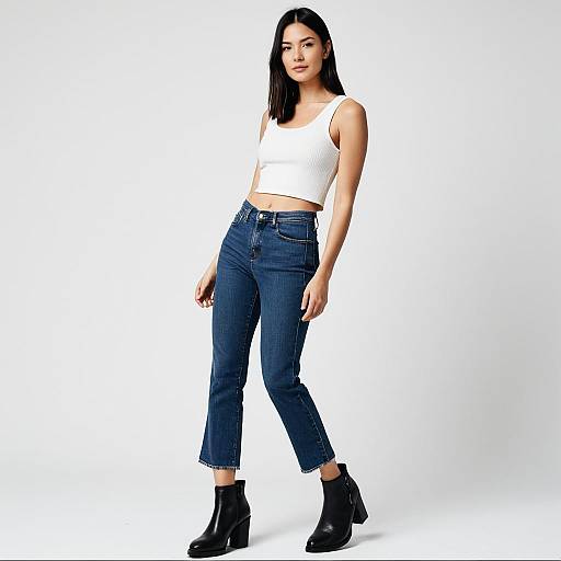 Woman in Casual Chic White Sleeveless Cropped Tank Top with High-Waisted Blue Jeans and Black Boots