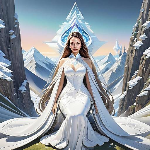 Elegant Woman in Futuristic White Gown in Snowy Mountain Fantasy Landscape