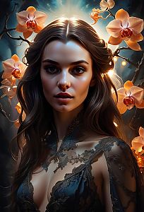 Elegant Woman Portrait with Orange Orchids and Fantasy Lighting