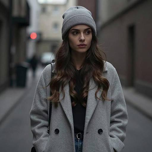 Young Woman in Gray Coat and Beanie on Urban Street